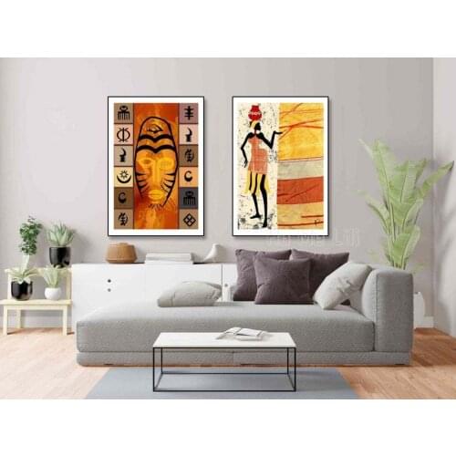 Abstract Art With Black Woman Tribal African Print Set Of 2 Ethnic Canvas Wall Artwork Modern Above Sofa