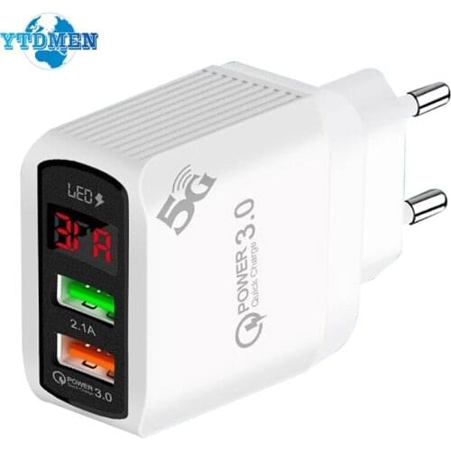 Quick charge 3.0 USB Charger for iPhone 11 7 Xiaomi Samsung Huawei 5V 2A Digital Display Fast Charging Wall Phone Charger