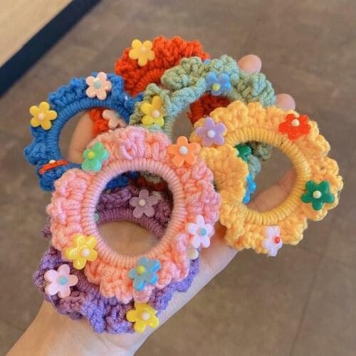 Winter Children Cute Colors Knitting Scrunchies Rubebr Bands Kids Soft Acrylic Flower Elastic Hair Bands Kids Hair Accessories