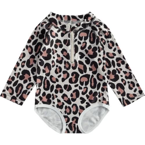 Kid Swimsuit Long Sleeve Leopard Print Bodysuit One-piece Suit for Vacation Swimming Beach