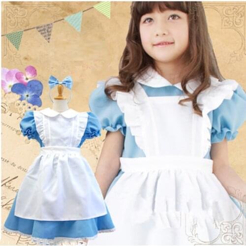 Halloween Kids Girls Anime Alice Adventures Blue Party Dress Alice Dream Child Sissy Maid Lolita Cosplay Costume