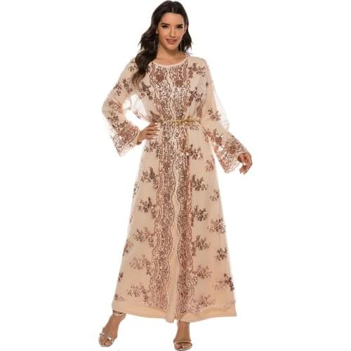 Abaya Dubai Sequins Long Abaya Women Fashion Muslim Dress Turkey Kaftan Moroccan Sash Ramadan Robe Longue Arabe Djellaba Femme