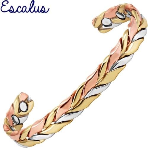 Escalus Popular Pure Copper Women Bangle Magnetic 3-Tone Color Healing Gold Color 6pcs Men Bangles Magnets Jewelry Wristband