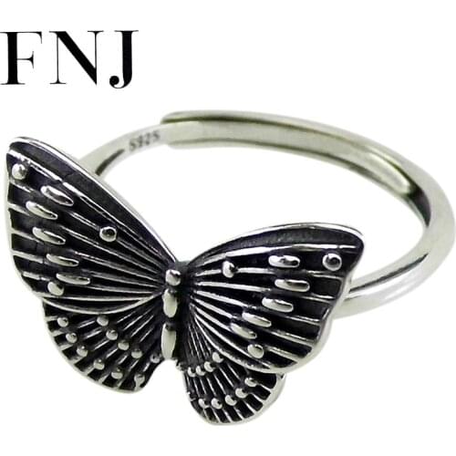 FNJ Animal Butterfly Ring 925 Silver Adjustable Size 100% Original Real S925 Solid Silver Rings for Women Jewelry