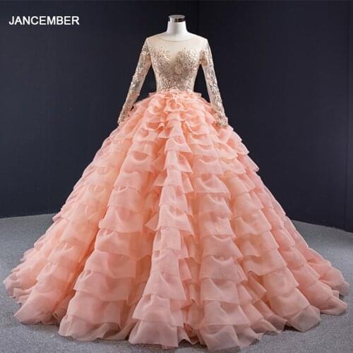 J67019 jancember pink lace party long evening dresses o-neck floor length sweep train lace tiered ball dress вечерные платье