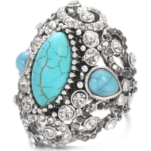 Ethnic Style Silver Plated Geometric Shape Green Turquoises Stone Finger Ring with Crystal Jewelry
