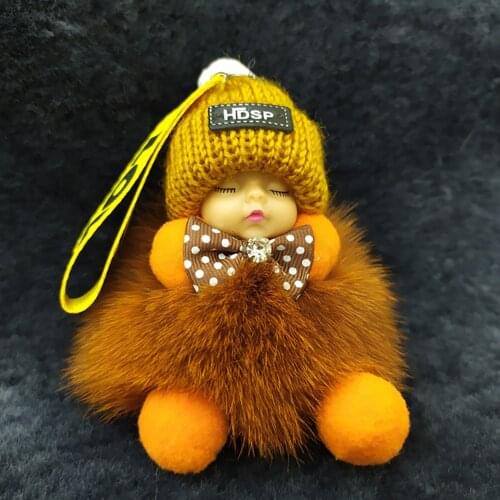 Cute Cartoon Sleeping Baby Doll Keychains Fur Ball Plush Fluffy Key Ring for Women Men Bag Pendant Car Key Holder Toys Kids Gift