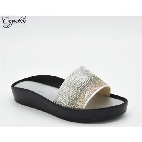 Fashion Silver Casual Slippers African Womens Medium Heel Shoes With Rhinestones 222-1 Heel Height 3CM