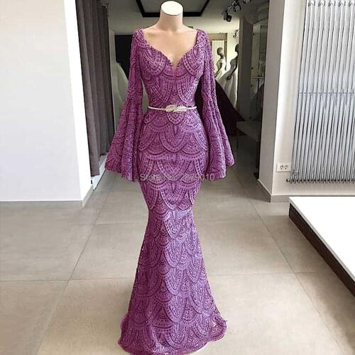 Muslim V-Neck Evening Dresses Long Sleeves Mermaid Prom Dress With Lace Beads Islamic Formal Party Dress Haute Couture Dubai
