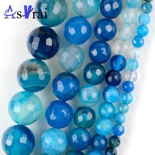 Natural Stone Faceted Blue Stripe Agates Round Beads For Jewelry Making 4/6/8/10/12MM Diy Bracelets Accessories Wholesale