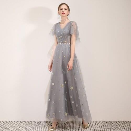 New Arrival Prom Party Dresses Vestido De Noiva Sereia Gown Robe De Soiree Evening Tulle Soft Satin Slim Little Star V-neck