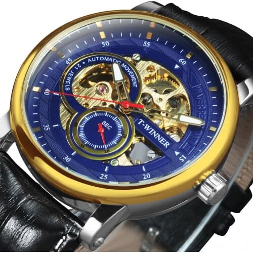 WINNER Official Skeleton Mechanical Watch Men Brand Luxury Mens Automatic Wrist Watches Leather Strap Fashion Dress Male Clock