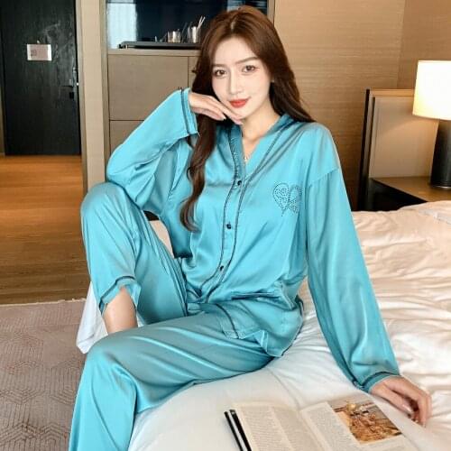 Long Sleeved Cardigan Pajamas Womens Spring Autumn V-neck Suit Simple Thin Ice Silk Home Clothes Female Sleepwear Nightwear