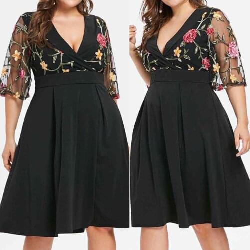 Fashion Women Casual Floral Short Sleeve Plus Size Solid Applique V-Neck Dress vestidos mujer sukienka na co dzień платье