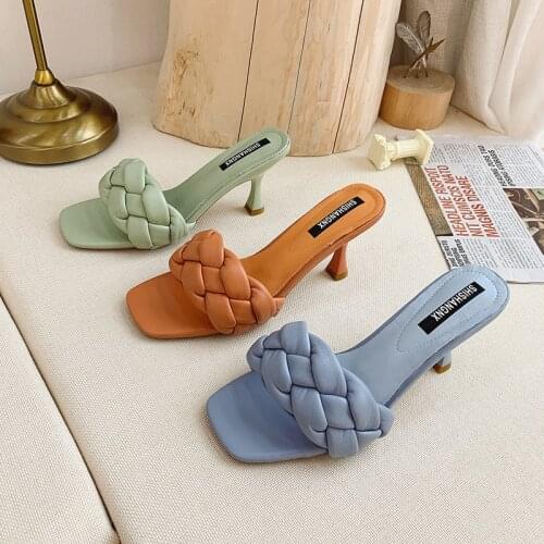 Summer New Design Weave Women Slipper Ladies Thin High Heel Sandal Open Toe Slip On Outdoor Slides Flip Flop Shoe Drop Ship