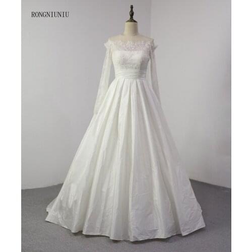 Full Sleeves Wedding Dresses 2017 A-Line Plus Size Beading Boat Neck Lace Crystal Empire Brige Gown