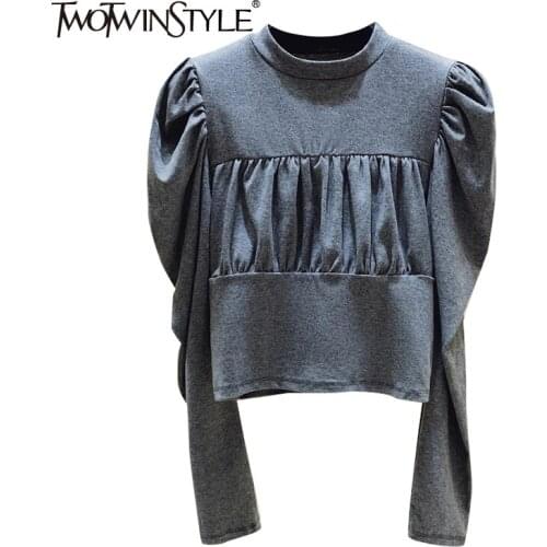 TWOTWINSTYLE Gray Casual Ruched Slim T-shirts Female Round Neck Puff Long Sleeve Korean Fashion Solid T-shirt For Women 2021 New