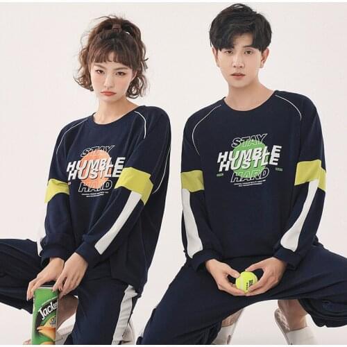 Womens Pajamas Autumn Cotton Long-sleeved Round Neck Letter Print Couple Sleepwear Loose Casual Homewear Lover' Loungewear