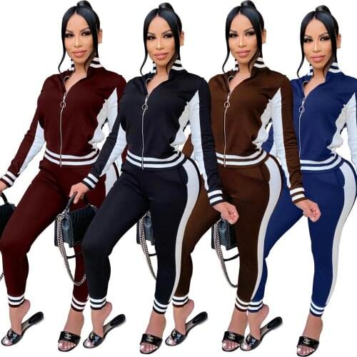 Women Sportswear Casual Two Piece Set Color Block Patchwork Tracksuit Zipper Up Long Sleeve Jackets+striped Legging Suits