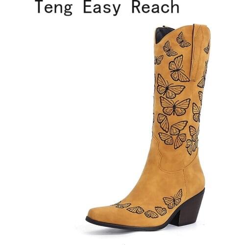 Microfiber Ladies Knee High Boots Spring Autumn Fashion Embroidered Western Knight Boots Winter Square Heel Slip on Women Shoes