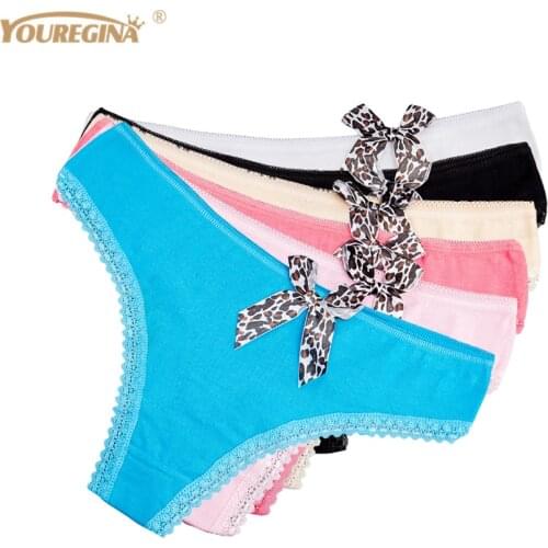 Women Thongs and G Strings Sexy Tanga Cotton Cute Leopard Bow Print Lace Panties Briefs for Ladies 6 pcs/lot