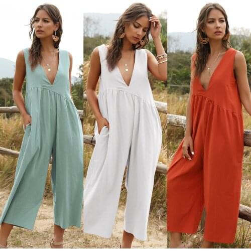 Womens Playsuit Deep V Neck Fashion Solid Color Party Jumpsuit Romper Chiffon Long Wide Leg Trousers Clubwear Holiday
