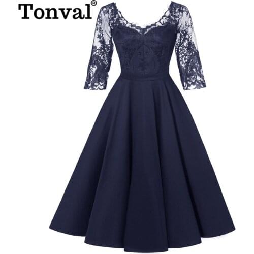 Tonval Contrast Lace Half Sleeve Vintage Women Elegant Banquet Party Dress High Waist Backless Midi Sheer Ladies Dresses