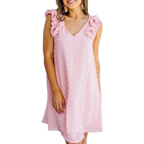 Women Summer Chiffon Dress 2021 Sleeveless V-Neck Temperament Shoulder Ruffles Casual Beach Dresses Vestidos Mujer