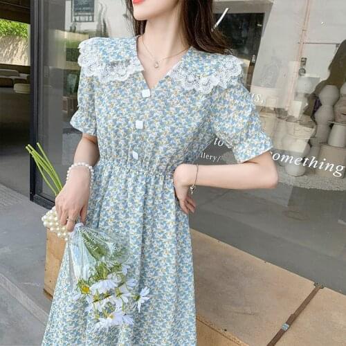 2021 Summer Korean Robes Vestidos Women Chiffon Dress Floral Print Slim Elastic Waist Preppy Purple V-neck Lace Ladies Dresses