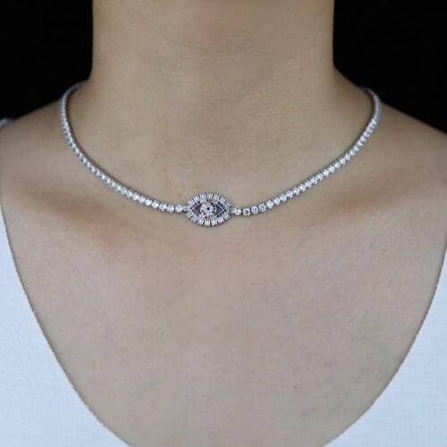Lucky turkish evil eye charm 3mm cz tennis chain choker necklace for women