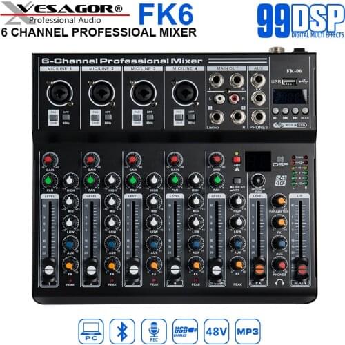 Digital Effect 99DSP Audio Mixer Interface Audio FK6 Bluetooth DJ Mixing Console Controller Karaoke Recording Studio Monitor