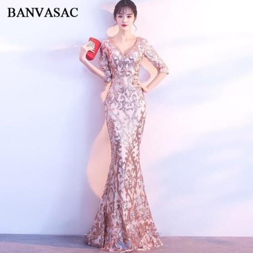 BANVASAC Deep V Neck 2019 Sequined Mermaid Long Evening Dresses Party Half Sleeve Illusion Zipper Back Prom Gowns