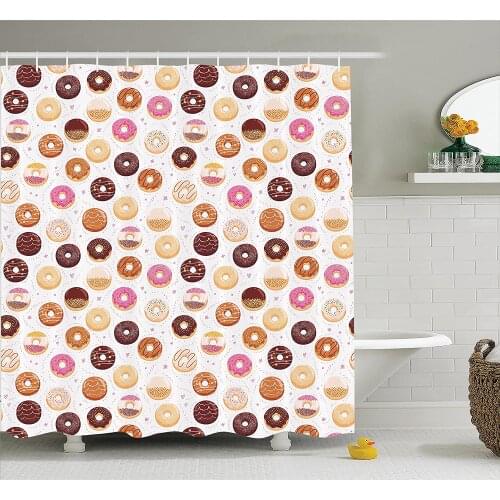 Home Shower Curtain Donuts and Little Hearts Colorful Yummy Delicious Dessert Cafeteria Restaurant Art Bathroom Decor Curtains