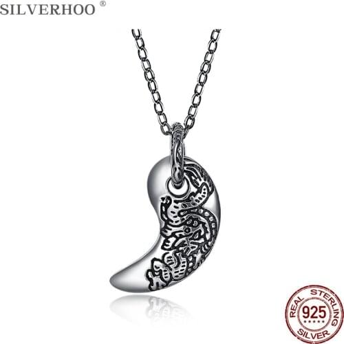 SILVERHOO 925 Sterling Silver Punk Vintage Pattern Crescent Moon Pendant Necklaces Trendy Personality Unisex Necklace Jewelry