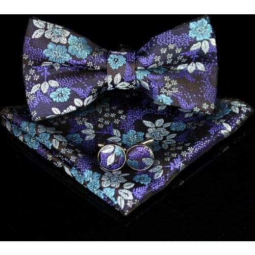 KAMBERFT Luxury Floral Bow Tie For Men Red Wedding Bowtie Silk Noeud Papillon and Pocket Square with Cufflinks Sets for Men