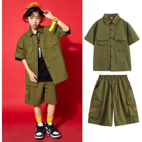 Army Green Overalls Short Sleeve Shirts For Kids Hip Hop Dancing Clothes Boys Girls Clothing Casual Street Wear Stage Set BL6043