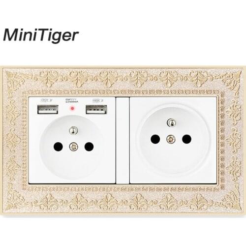 Minitiger Double French Standard Wall Socket With 2 USB Charge Port Hidden Soft LED Indicator Vintage Zinc Alloy Frame