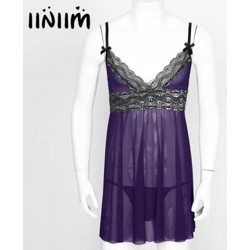 Mens Male Sissy Babydolls Sheer Lace Mesh Lingerie Nightwear Costumes Adjustable Spaghetti Straps Lace Trim Chemise Sleepwear
