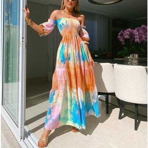 VAZN New 2021 Full Sleeve Summer Boho Bohemian Sexy Off Shoulder Maxi Dresses Clothing Sexy Shinny Young Lady Dress