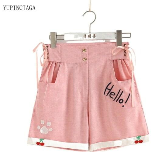 2021 New Japan Style Girl Pink Tie Cat Claw Embroidery Casual Shorts Women Straight Leg Pants Female Bemuda Bottoms 2118294