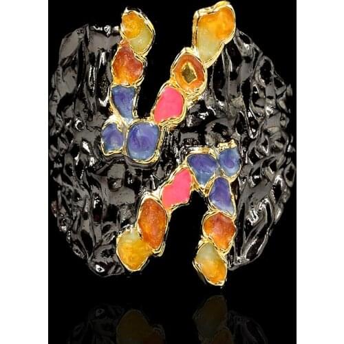 New 925 Sterling Silver for Women Ring Color Plaid Epoxy Irregular Shape Black Gold Two-tone Hand-Enameled Ring Couple Rings