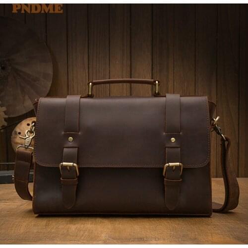 Vintage crazy horse cowhide mens briefcase business casual high-quality natural genuine leather laptop shoulder messenger bag