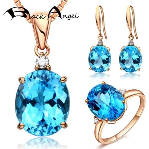 BLACK ANGEL New Jewelry Set Imitation Sea Blue Topaz Simple Adjustable Rings Women Luxury CZ Pendant Inlaid Gemstone Earrings