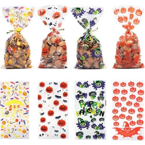 50pcs/lot Hallwoeen Pumpkin Skull Cat Candy Bag Transparent Cellophane Food Plastic Package Bags Halloween Party Decor Gift Bags