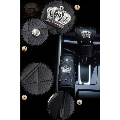 Crystal Rhinestones Diamond Car Seat Belt Cover Leather Seat Belt Shoulder Pad Crown Shifter Gear Cover Hand Brake Covers Set