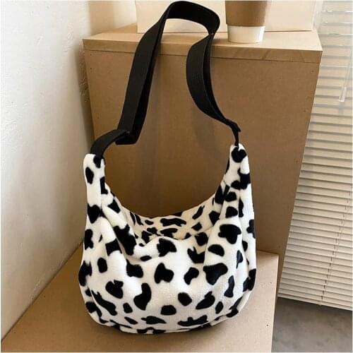 Cute Milk Cow Pattern Plush Shoulder Bags for Women 2021 Fashion Winter Armpit Pouch Casual Soft Warm Fluffy Handbag Totes