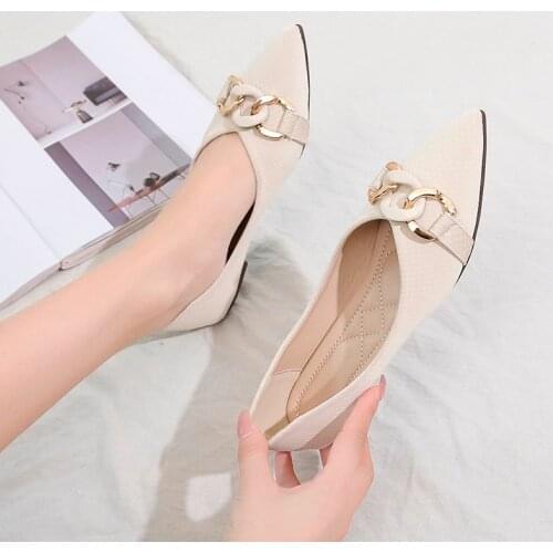 Womens Flats Shoes Summer Breathable Fashion Office Ladies Loafers Chain Slip-on Shallow Pointed Toe Female Mary Janes