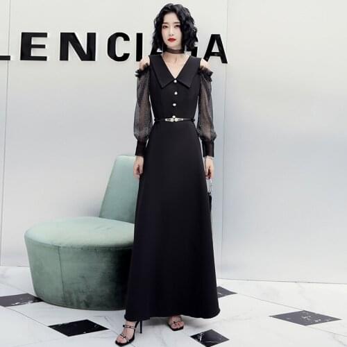 Evening Dresses V-Neck Long Sleeve Elegant Simple Banquet Party Formal Gown Dress Robe Soirée En