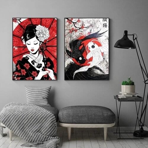 Japanese Geisha And Yin-Yang Fish Canvas Painting Wall Art Poster And Print Samurai Picture For Living Room Decoration Cuadros