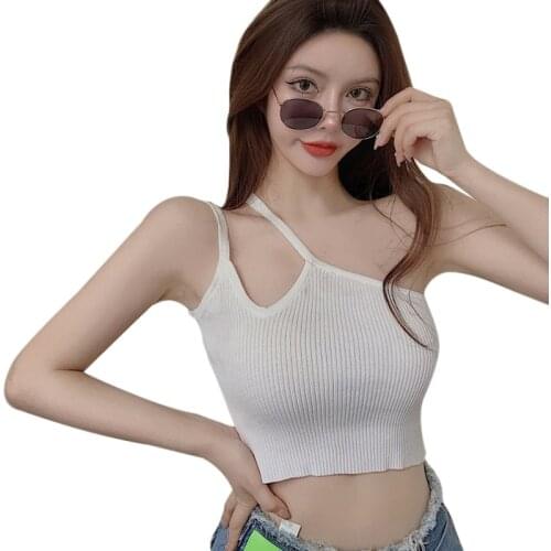 Summer 2021 Women Solid One Shoulder Hollow Out Tank Tops Asymmetrical Collar Sleeveless Personality Fashion Tide